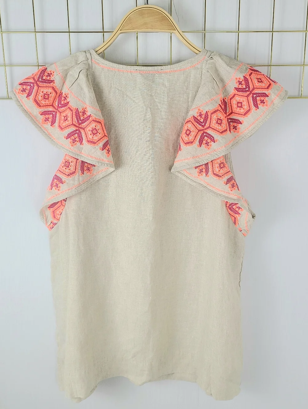 NWT J. Crew Linen Embroidered Flutter Sleeve Blouse Top